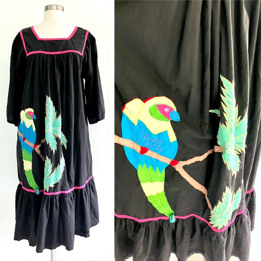 Vintage black & pink parrot embroidered tropical mumu cotton house patio dress